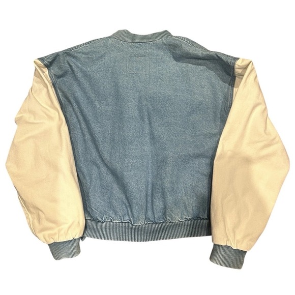 Vintage International Denim Bomber Jacket  Mens L White Sleeves Ribbed Collar - Picture 5 of 6